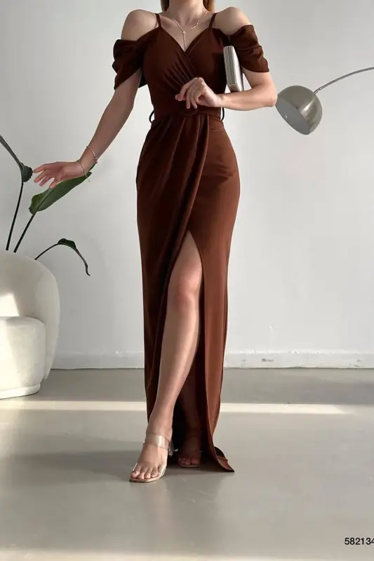 Brown Crepe Fabric Double-Breasted Collar Slit Belted Dress - Brown - 4
