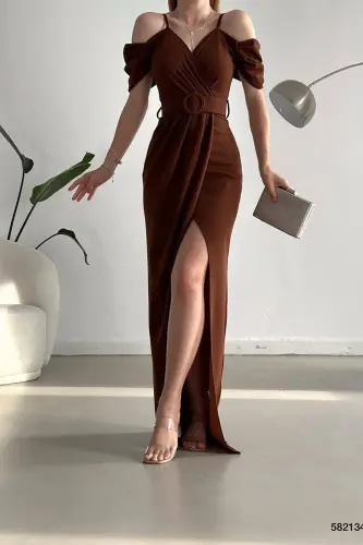 Brown Crepe Fabric Double-Breasted Collar Slit Belted Dress - Brown - 5