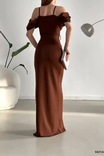 Brown Crepe Fabric Double-Breasted Collar Slit Belted Dress - Brown - 6
