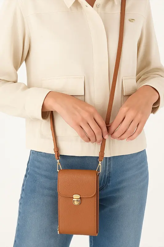 Brown Genuine Leather Crossbody Phone Bag and Zippered Women's Bag with Card Holder - Brown - DERIDERIM