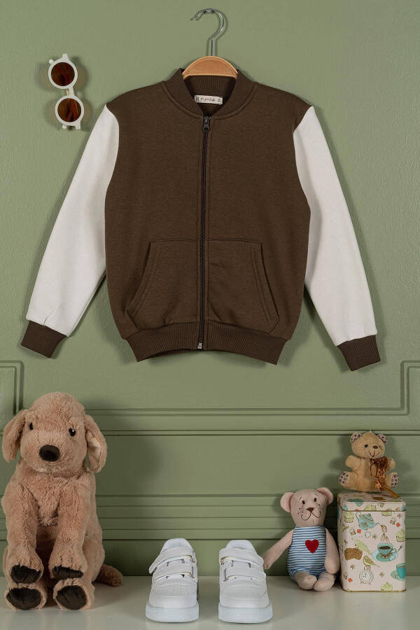 Brown Girls' Zippered Hoodie with Kangaroo Pocket - 3