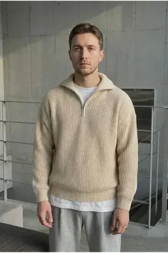 Brown Men's Oversized Zippered Fisherman Knit Sweater - 1