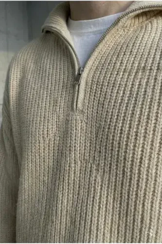 Brown Men's Oversized Zippered Fisherman Knit Sweater - COOL TARZ (1)