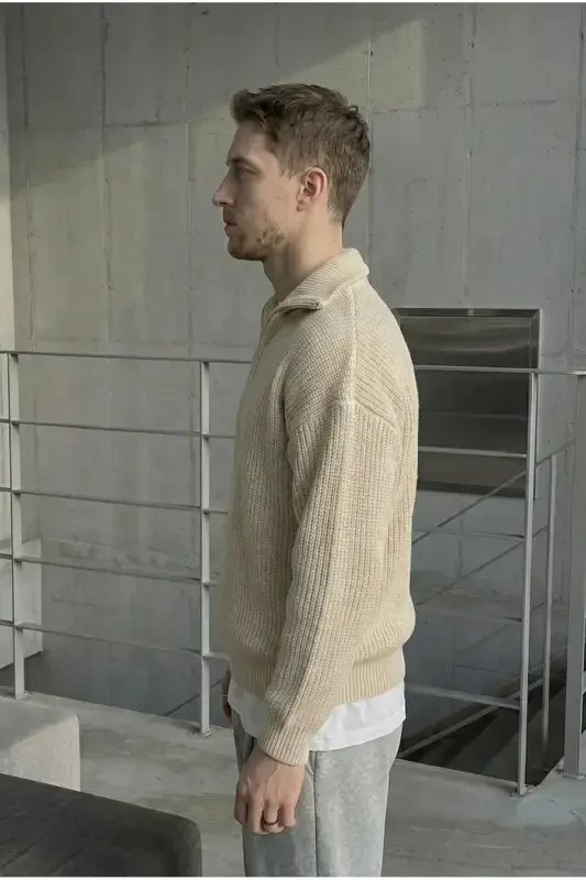 Brown Men's Oversized Zippered Fisherman Knit Sweater - 3