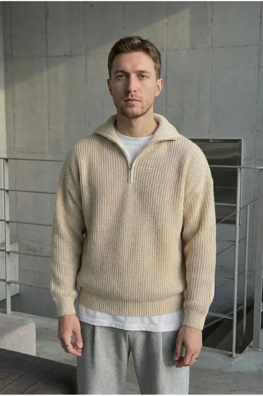 Brown Men's Oversized Zippered Fisherman Knit Sweater - 2