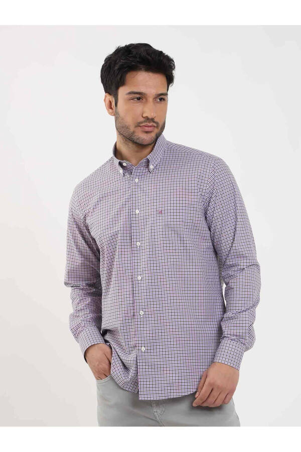 Brown Men's Regular Fit Check Pattern Button Collar Long Sleeve Shirt - 102129 - 1