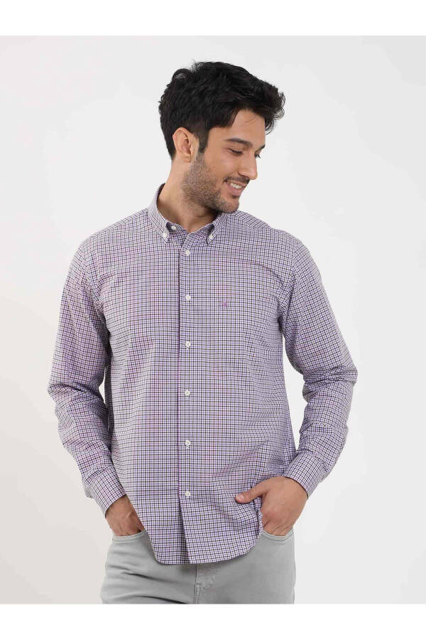 Brown Men's Regular Fit Check Pattern Button Collar Long Sleeve Shirt - 102129 - 3