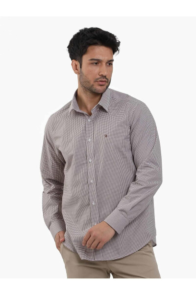 Brown Men's Regular Fit Gingham Button-Down Collar Long Sleeve Shirt - 98369 - 1