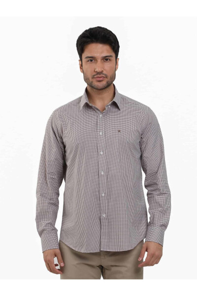 Brown Men's Regular Fit Gingham Button-Down Collar Long Sleeve Shirt - 98369 - 2