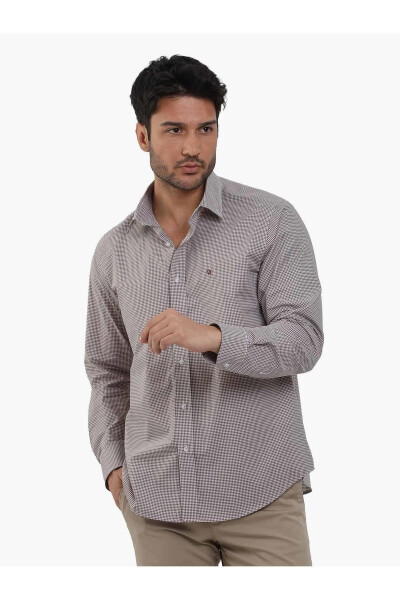 Brown Men's Regular Fit Gingham Button-Down Collar Long Sleeve Shirt - 98369 - 3