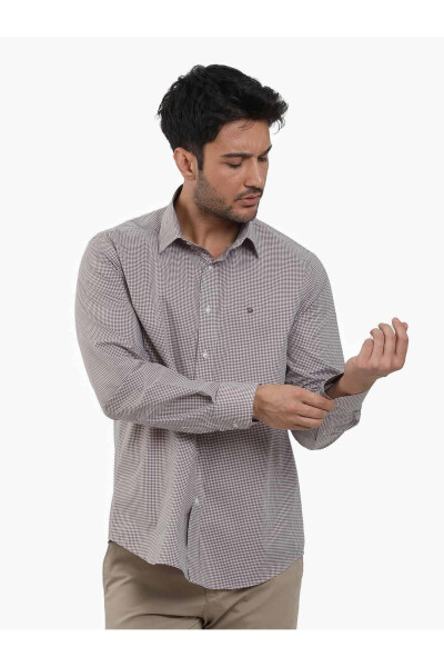 Brown Men's Regular Fit Gingham Button-Down Collar Long Sleeve Shirt - 98369 - 4