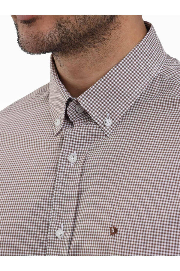 Brown Men's Regular Fit Gingham Button-Down Collar Long Sleeve Shirt - 98369 - 6