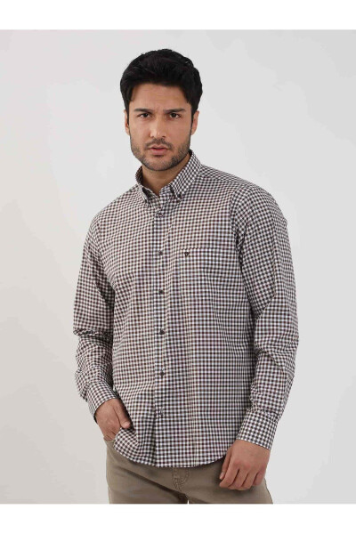 Brown Men's Regular Fit Plaid Brent Button Down Collar Long Sleeve Shirt - 102379 - 1