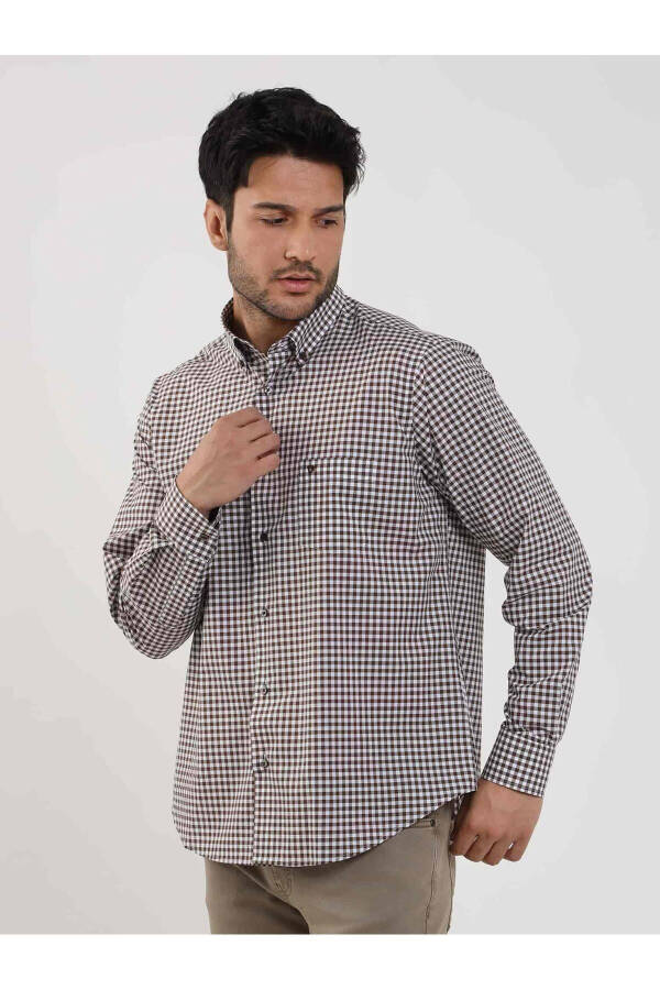 Brown Men's Regular Fit Plaid Brent Button Down Collar Long Sleeve Shirt - 102379 - 4