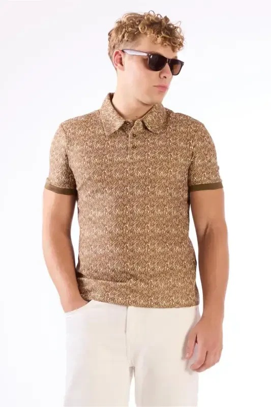 Brown Men's Slim Fit Patterned Polo Collar Tshirt - 1