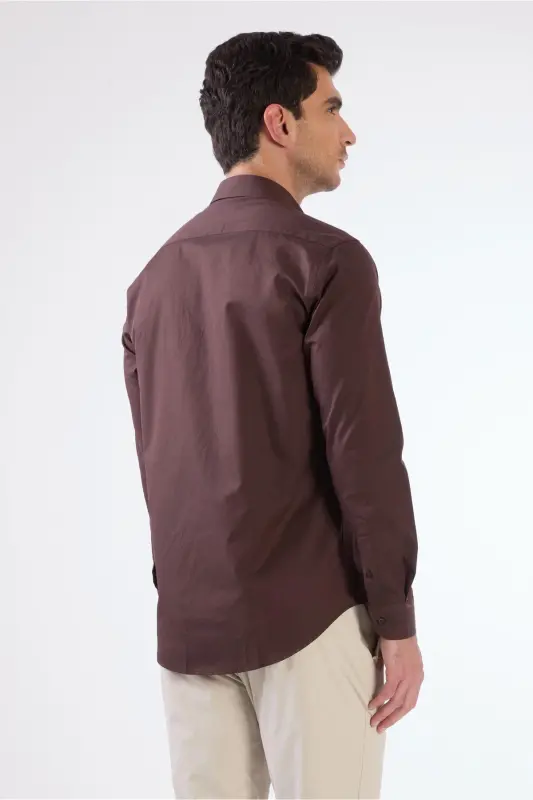 Brown Men's Slim Fit Plain Button-Down Collar Long Sleeve Shirt - 101344 - 3