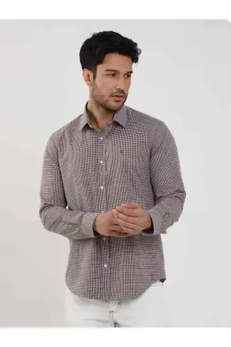 Brown Men's Slim Fit Polka Dot Brent Collar Long Sleeve Shirt - 101854 - 1