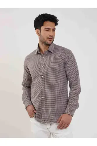 Brown Men's Slim Fit Polka Dot Brent Collar Long Sleeve Shirt - 101854 - 4