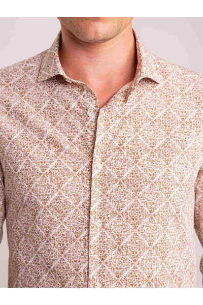 Brown Men's Slim Fit Printed Paul Collar Long Sleeve Shirt - 60643 - 2