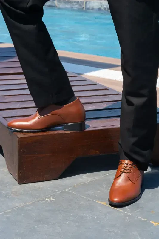 Brown Men's Wedding Shoes with Handmade Accessories, 7/ 9 Cm Height Increasing Hidden Heel - 4