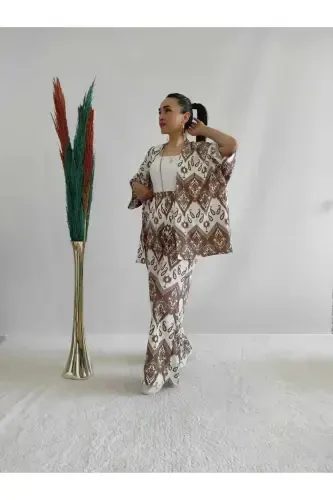 Brown Patterned Two Piece Kimono Set (Comfort Fit) - Brown - 1