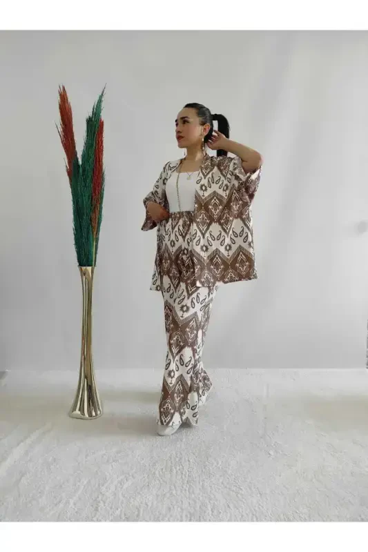 Brown Patterned Two Piece Kimono Set (Comfort Fit) - Brown - 1