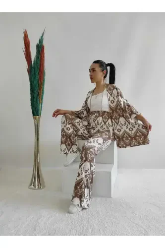 Brown Patterned Two Piece Kimono Set (Comfort Fit) - Brown - İPLI (1)