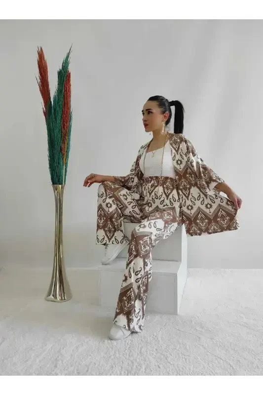 Brown Patterned Two Piece Kimono Set (Comfort Fit) - Brown - 2