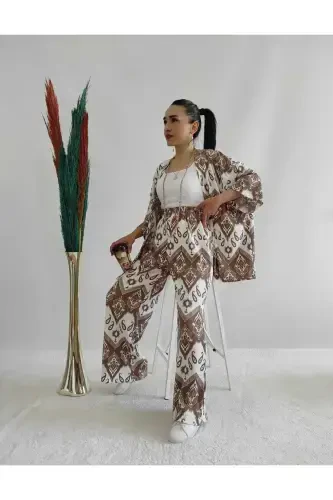 Brown Patterned Two Piece Kimono Set (Comfort Fit) - Brown - 3