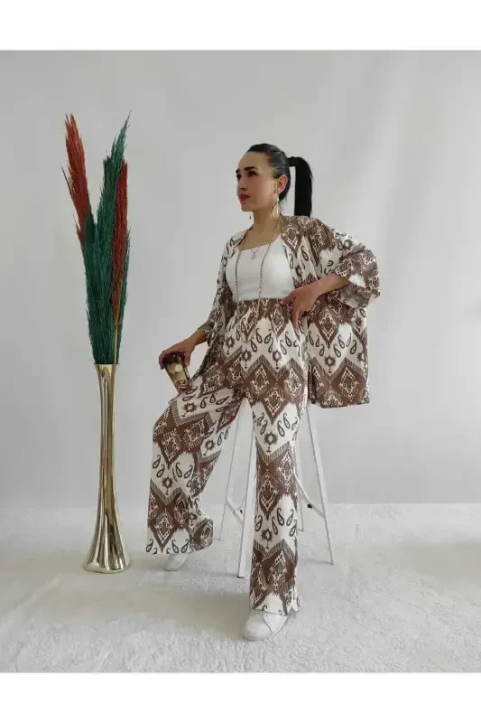 Brown Patterned Two Piece Kimono Set (Comfort Fit) - Brown - 3