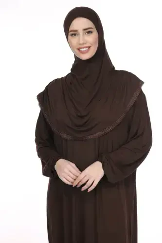 Brown Plain Color Cotton Fabric Hijab Dress-Brown - MODAZONE (1)