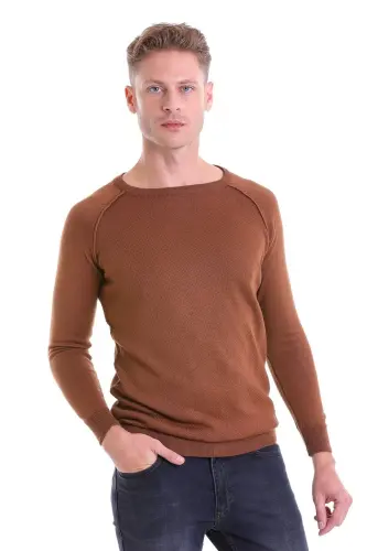 Brown Regular Fit Patterned Crew Neck Wool Blend - 1