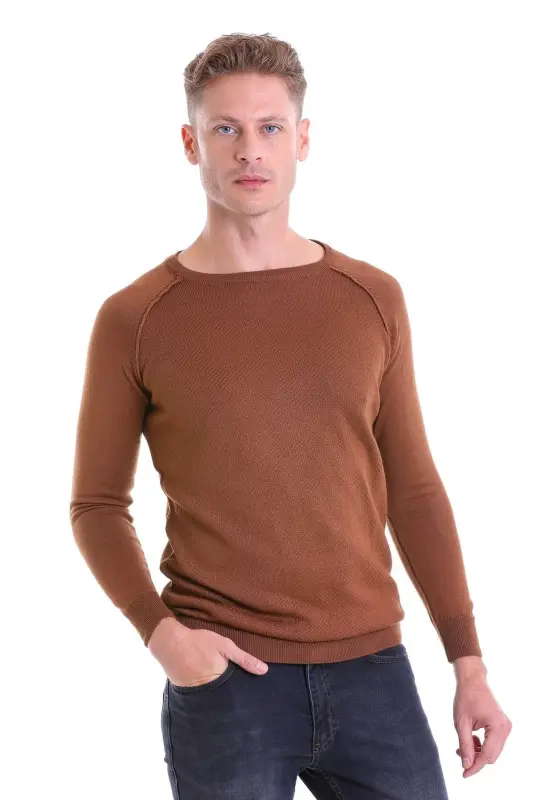 Brown Regular Fit Patterned Crew Neck Wool Blend - 1