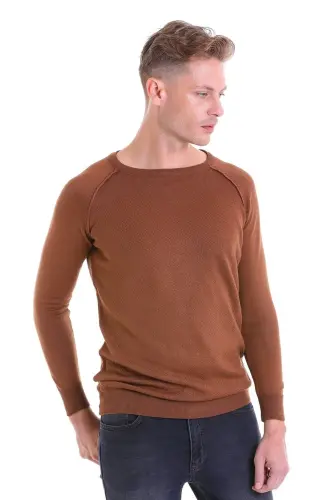Brown Regular Fit Patterned Crew Neck Wool Blend - 2