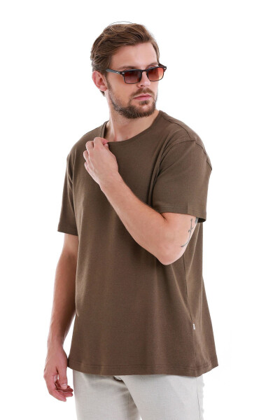 Brown Regular Fit Plain Crew Neck Linen T-Shirt - 3