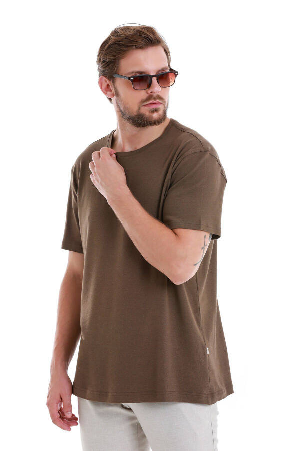 Brown Regular Fit Plain Crew Neck Linen T-Shirt - 3