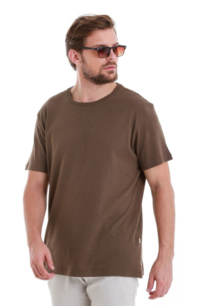 Brown Regular Fit Plain Crew Neck Linen T-Shirt - 5