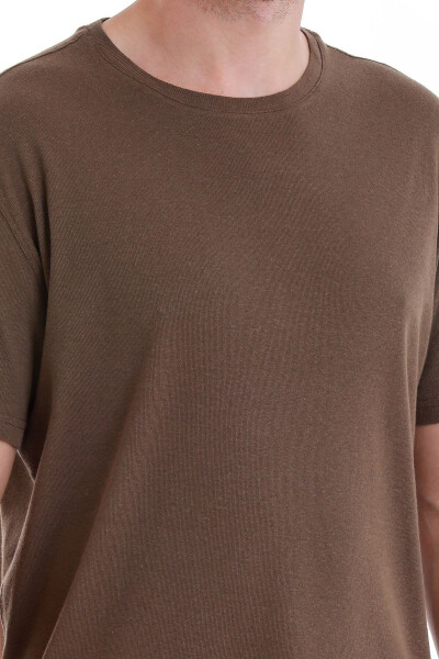 Brown Regular Fit Plain Crew Neck Linen T-Shirt - 6