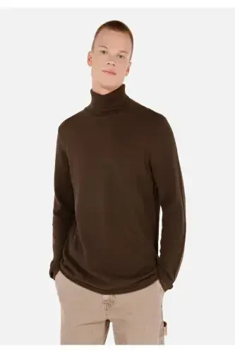 Brown regular fit turtleneck sweater for men. - 1