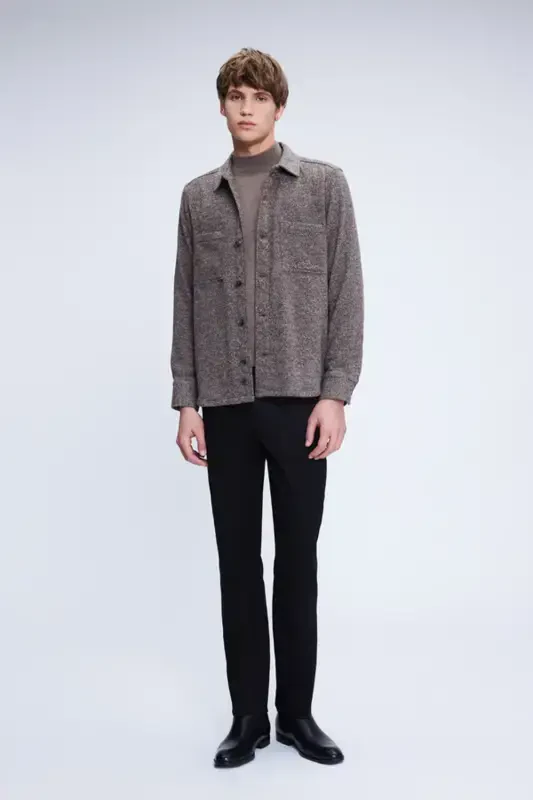 Brown Shacket Fit Jacket Collar Cotton Shirt-K - 2