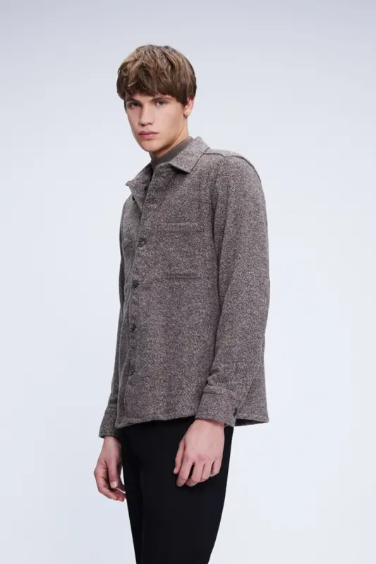 Brown Shacket Fit Jacket Collar Cotton Shirt-K - 3