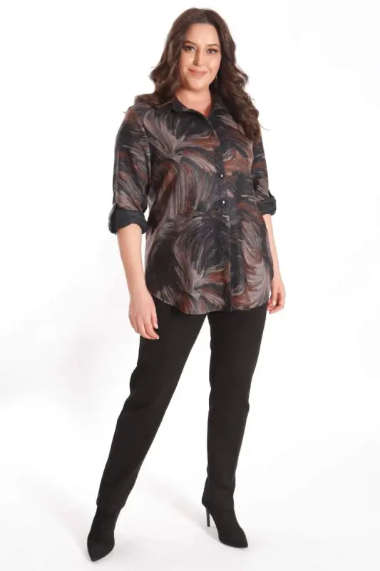 Brown Shirt with Digital Print and Leather Collar in Plus Size - 2