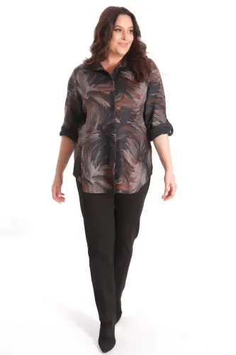 Brown Shirt with Digital Print and Leather Collar in Plus Size - 4