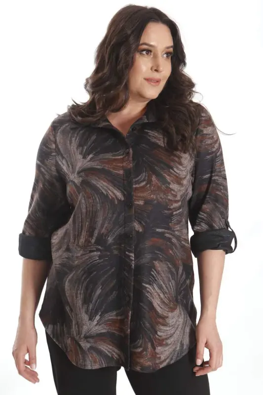 Brown Shirt with Digital Print and Leather Collar in Plus Size - 5