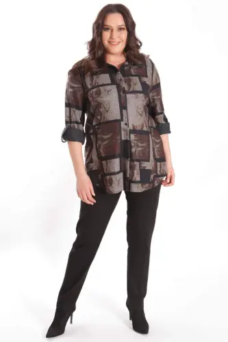 Brown Shirt with Digital Print and Leather Collar in Plus Size - BÜYÜKBEDENIZ (1)