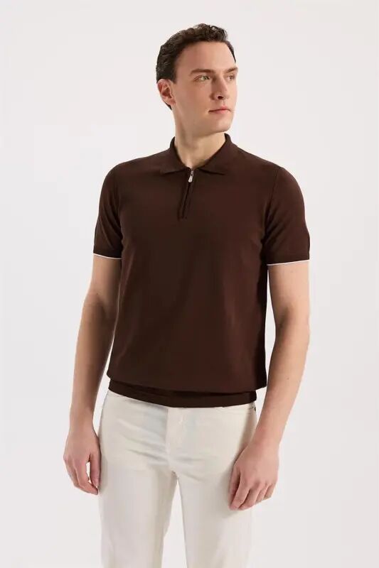 Brown Slim Fit Knit Zippered Polo Collar T-Shirt - 2