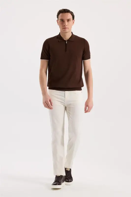 Brown Slim Fit Knitted Zip Polo Neck T-Shirt - JAKAMEN