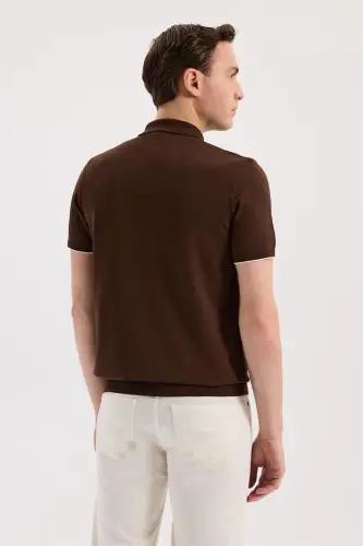 Brown Slim Fit Knitted Zip Polo Neck T-Shirt - 4