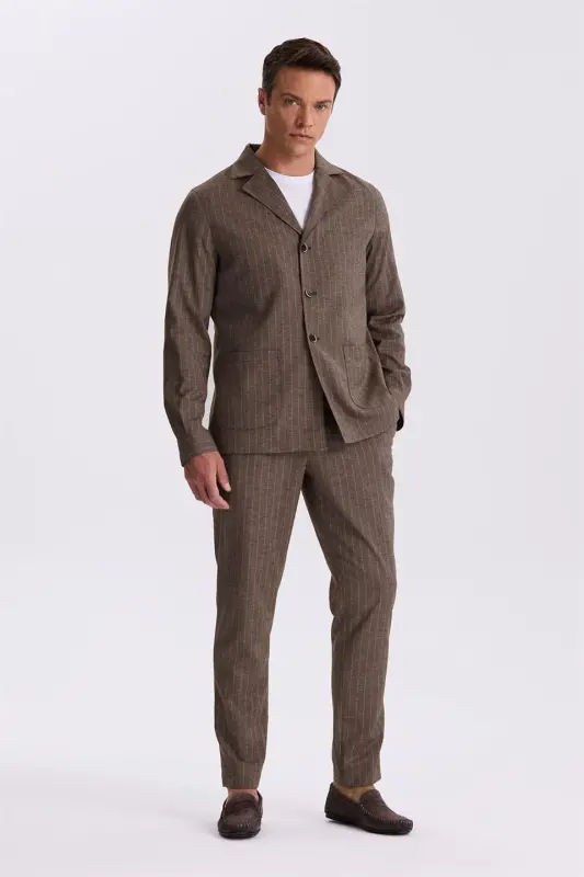 Brown Slim Fit Lapel Collar Linen Blend Double Slit Striped Suit - JAKAMEN