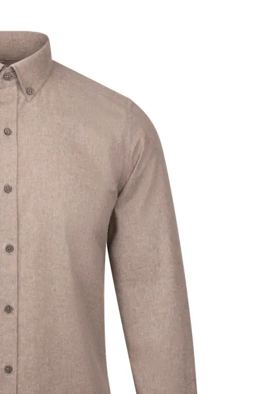 Brown Slim Fit Long Sleeve Button-Down Collar Cotton Shirt-Brown - 3